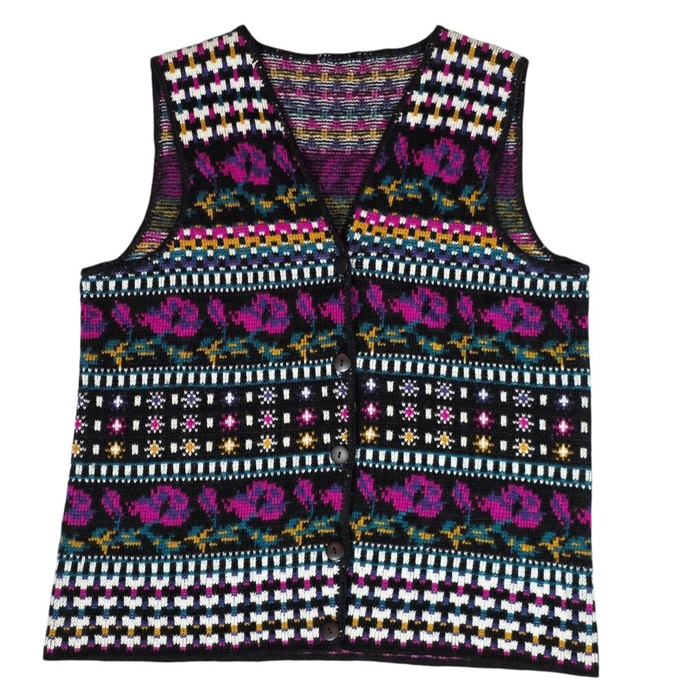 Vintage Fair Isle Floral Sweater Vest V-Neck Cardigan Magenta Eclectic Grandpa